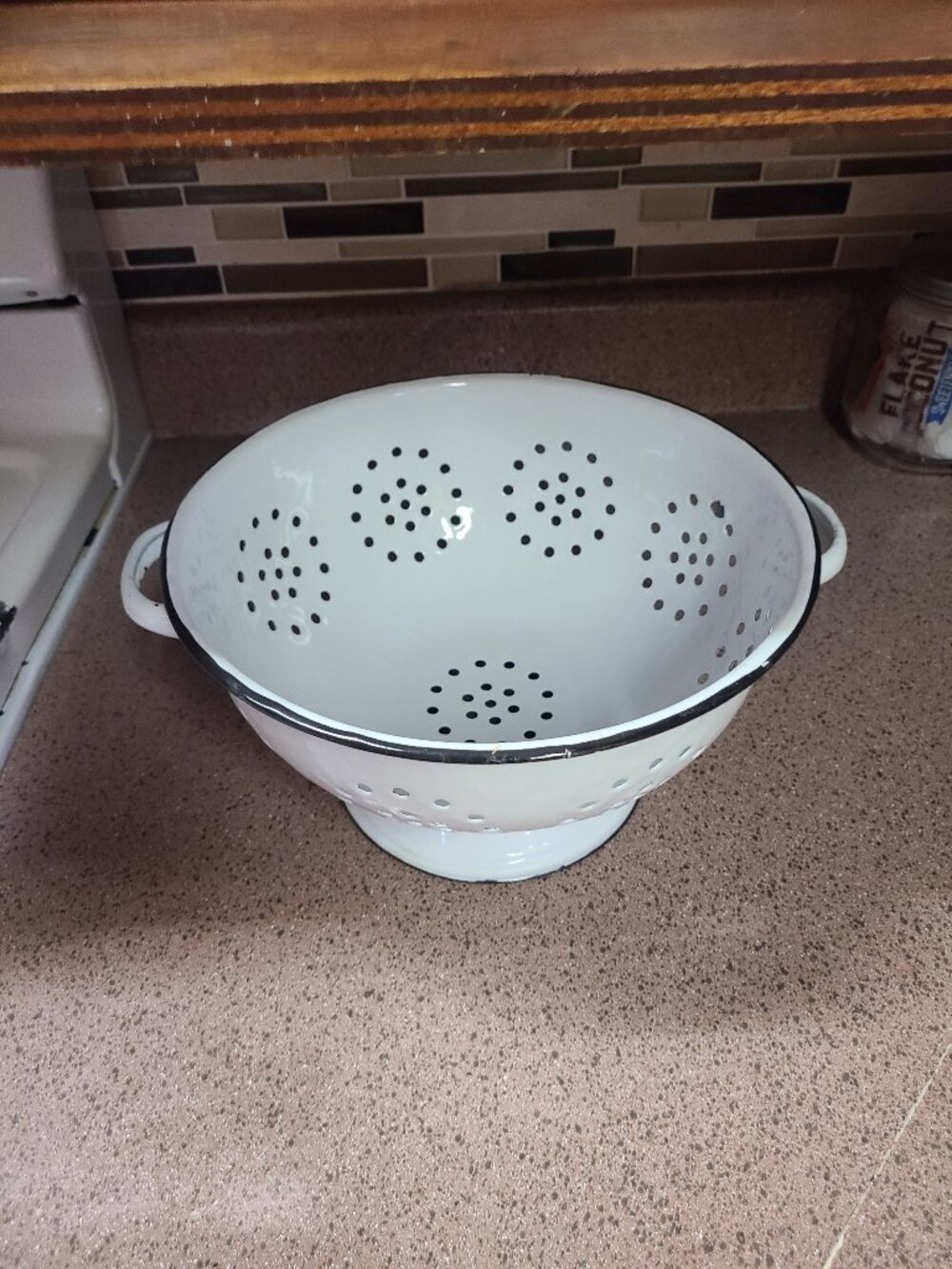 VTG Enamel Colander Strainer Graniteware Black & White with Handles